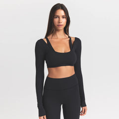 WOOL RIB LONG SLEEVE CROPPED TOP | OBSIDIAN