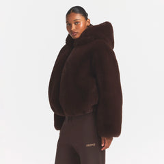 FAUX FUR HOODED ZIP UP JACKET | COCOA