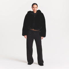 FAUX FUR HOODED ZIP UP JACKET | ONYX