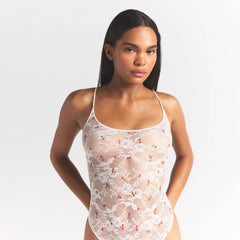 STRETCH LACE THONG BODYSUIT | IVORY CHERRY PRINT