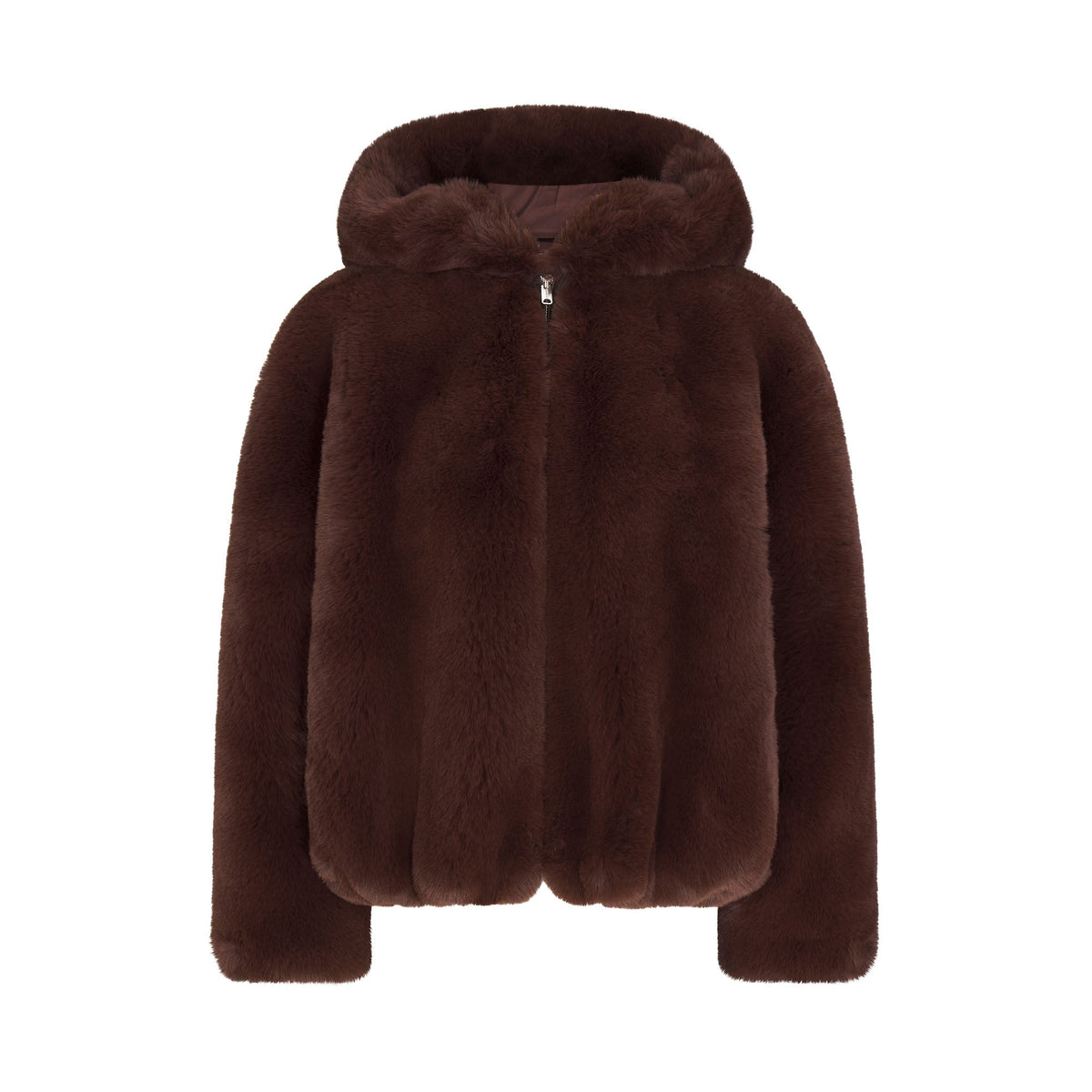FAUX FUR HOODED ZIP UP JACKET | COCOA