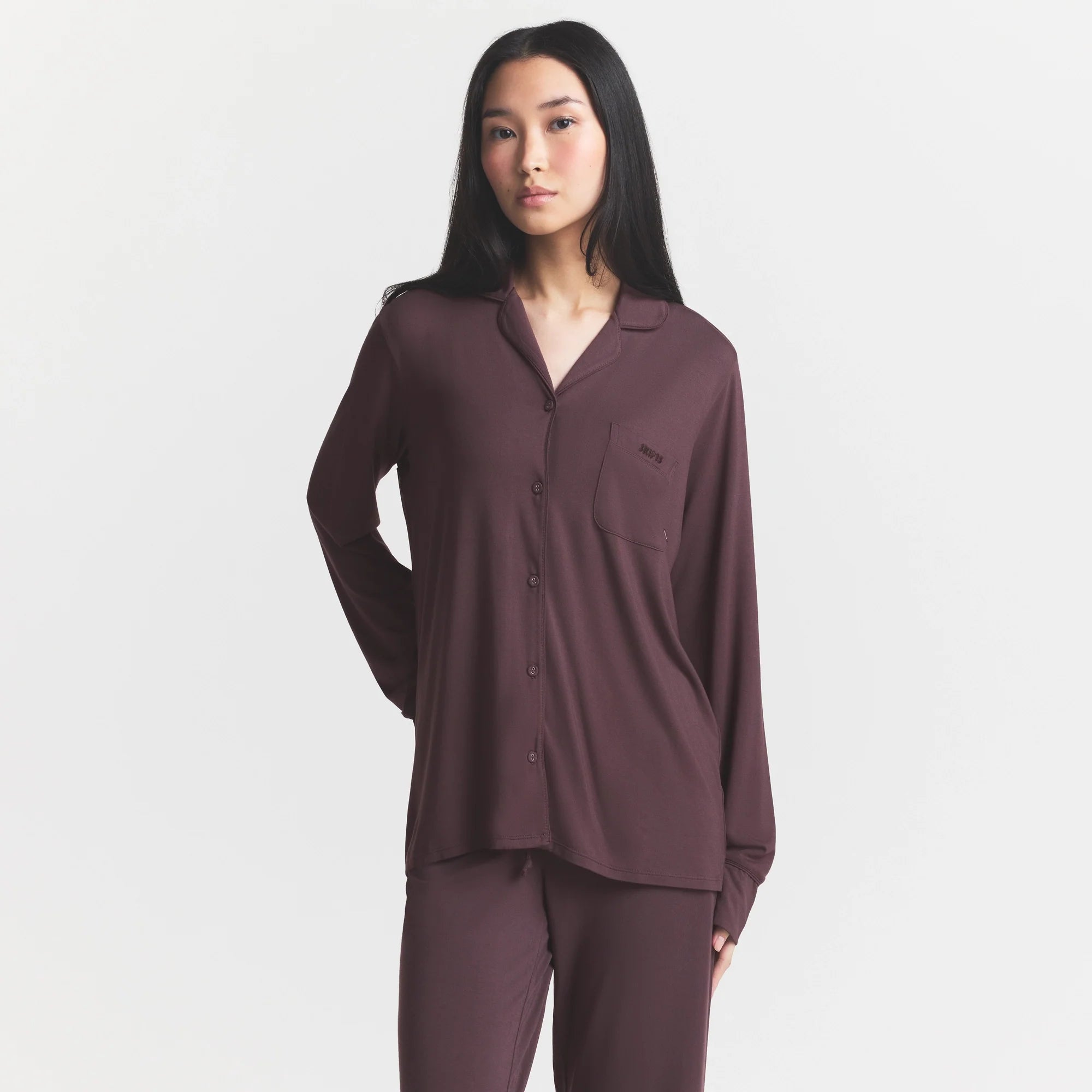 SKIMS SLEEP LONG SLEEVE BUTTON UP SET | RAISIN