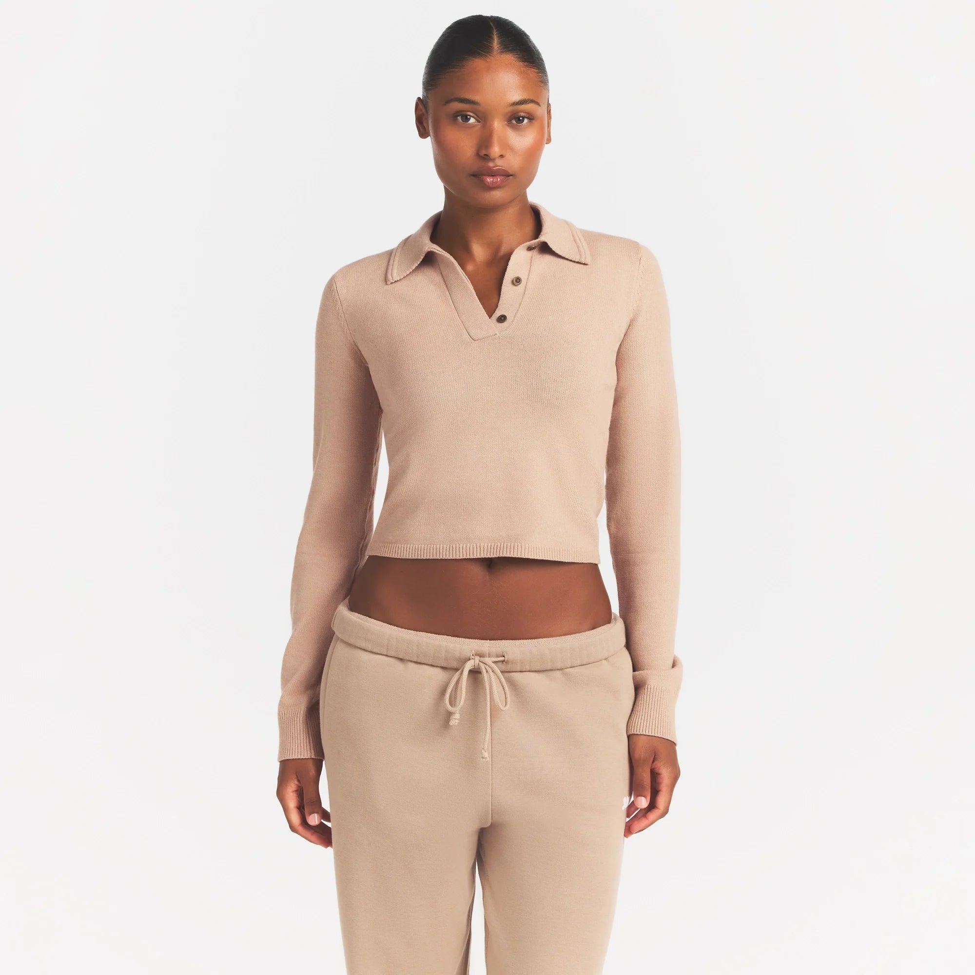 SWEATER KNIT LONG SLEEVE CROPPED POLO | TOFFEE